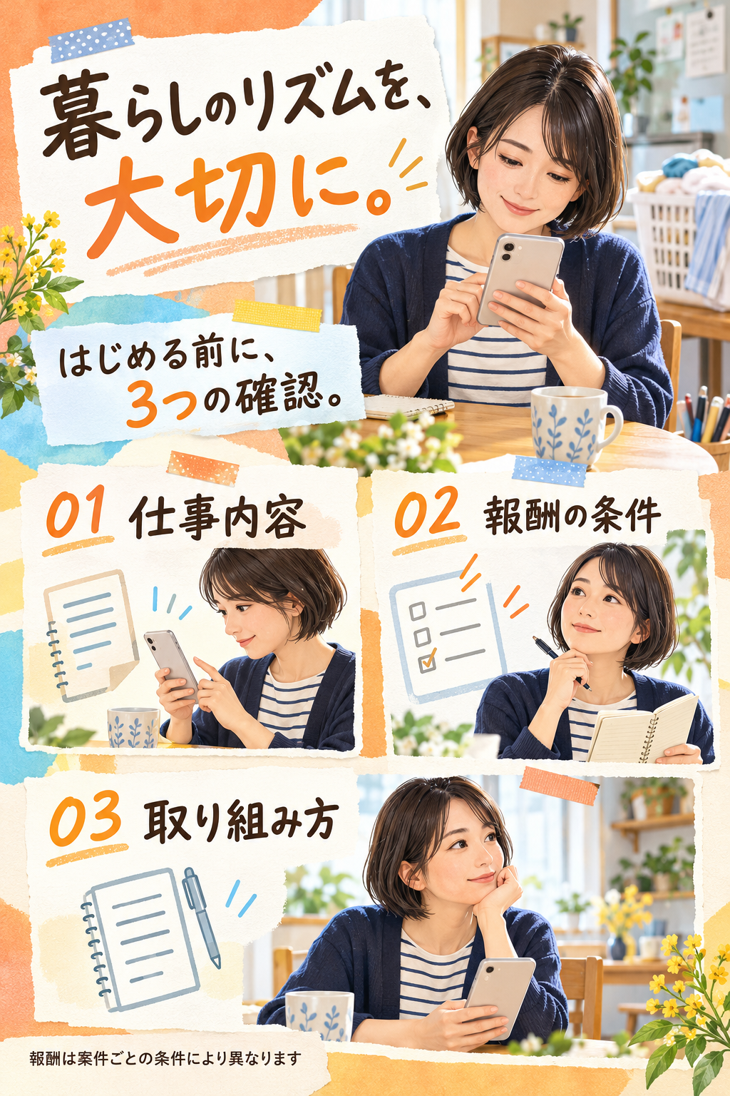 はじめる前に3つの確認。01 仕事内容、02 報酬の条件、03 取り組み方。報酬は案件ごとの条件により異なります。