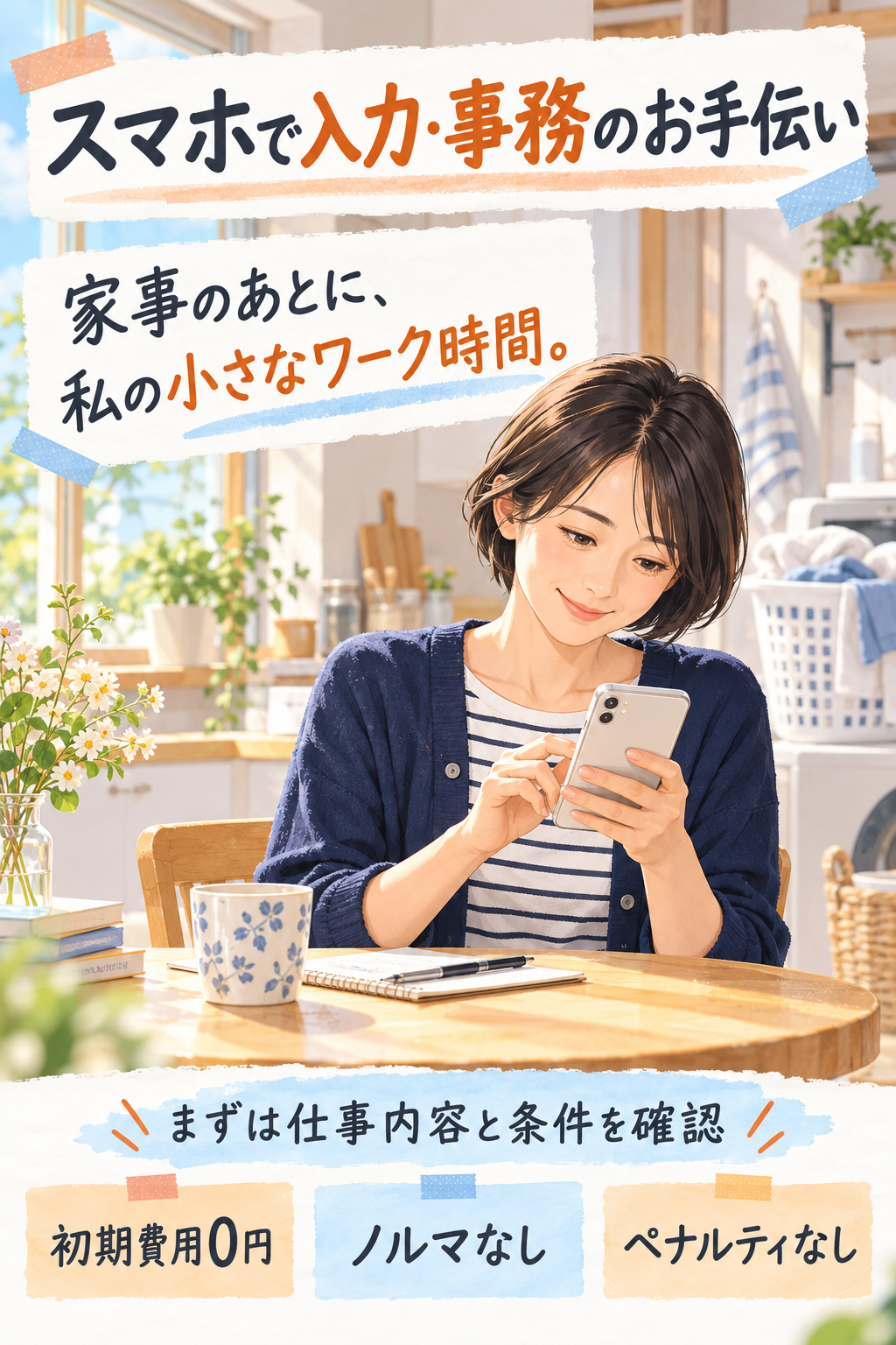 家事のあとに、私の小さなワーク時間。 スマホで入力・事務のお手伝い。初期費用0円・ノルマなし・ペナルティなし。まずは仕事内容と条件を確認。